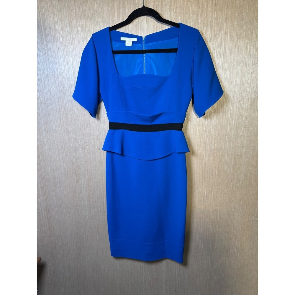 Antonio Berardi $620 Italy Royal Blue Peplum Sheath Dress Black Trim Size 40‎